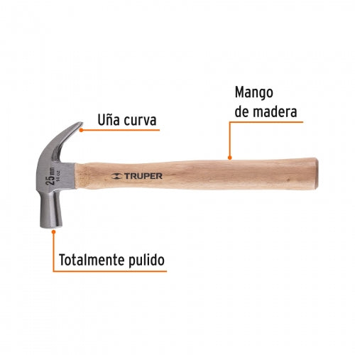 Martillo cabeza cónica 25 mm uña curva, mango madera, Truper 10558 MAC-25