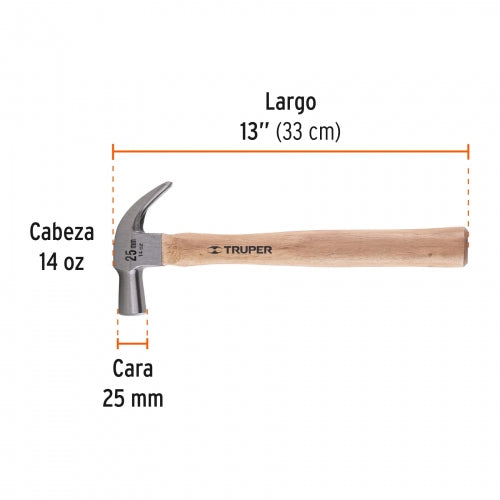 Martillo cabeza cónica 25 mm uña curva, mango madera, Truper 10558 MAC-25