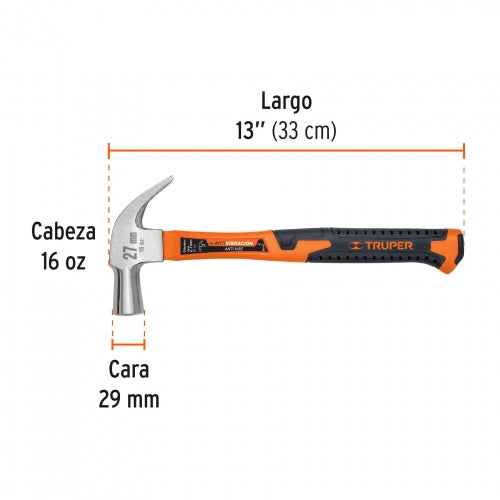 Martillo cabeza cónica 27 mm uña curva, mango fibra vidrio 10851 MAC-27F