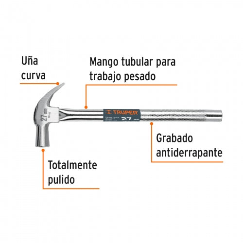 Martillo cabeza cónica 27 mm uña curva, mango tubular 10914 MAC-27T
