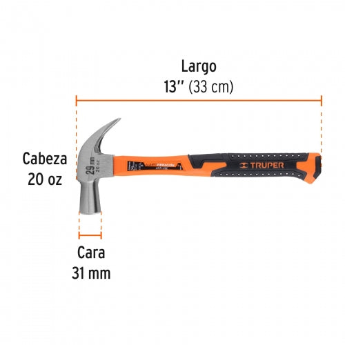 Martillo cabeza cónica 29 mm uña curva, mango fibra vidrio 10852 MAC-29F