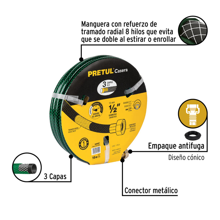 Manguera 1/2' reforzada 3 capas conexiones metal 10m, Pretul Código: 20657