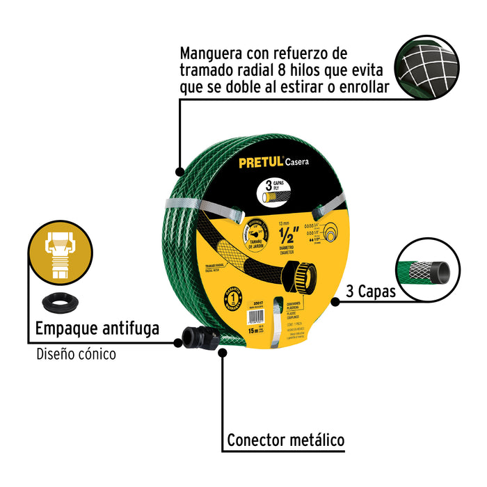Manguera 1/2' reforzada 3 capas 15m conexiones plást, Pretul Código: 25017