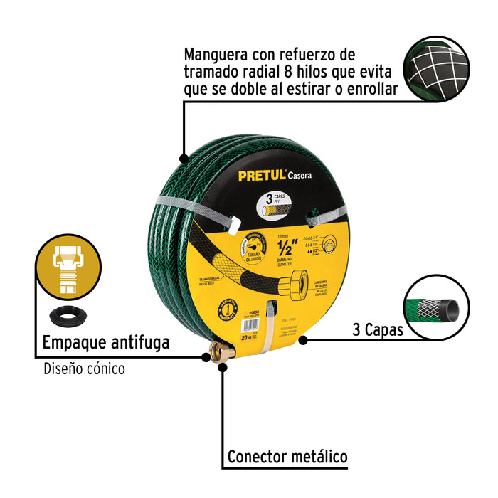 Manguera 1/2' reforzada 3 capas conexiones metal 20m, Pretul Código: 20655