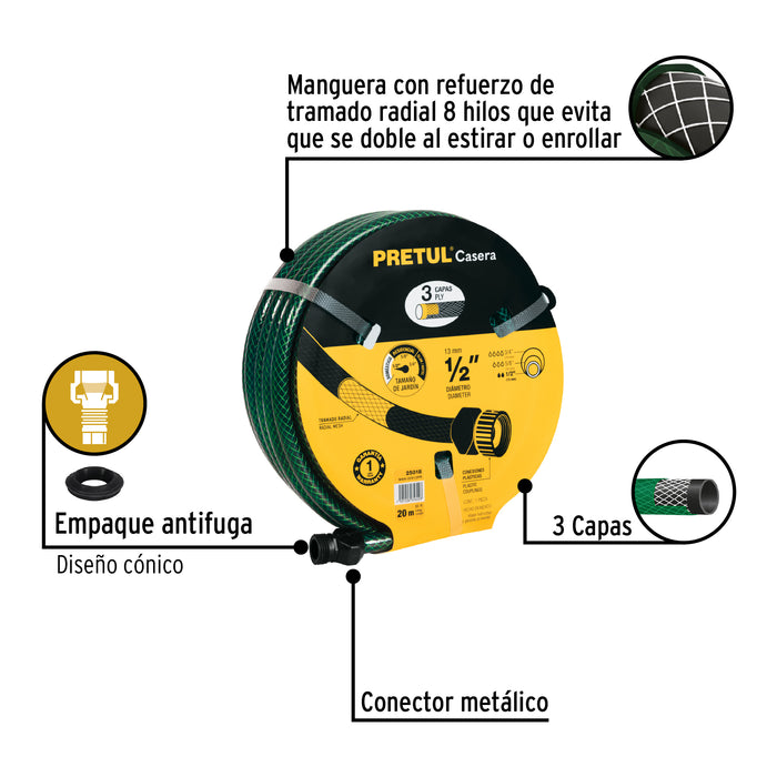 Manguera 1/2' reforzada 3 capas 20m conexiones plást, Pretul Código: 25018