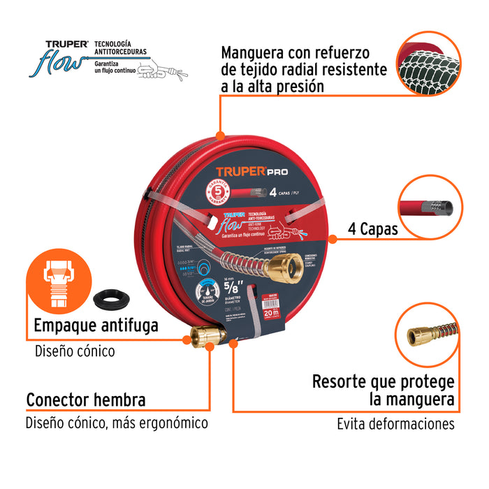 Manguera 5/8' super reforzada 4 capas 20 m conexiones metal Código: 16035