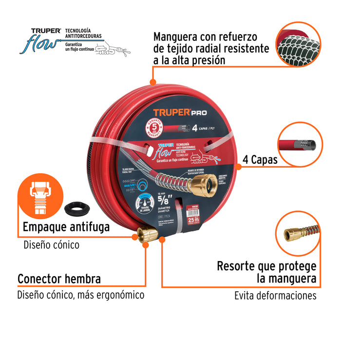 Manguera 5/8' super reforzada 4 capas 25 m conexiones metal Código: 16039
