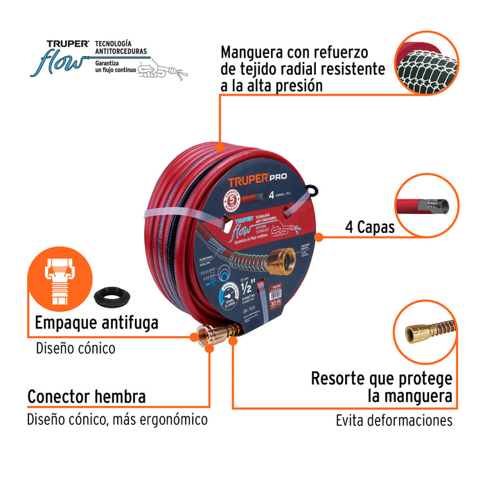 Manguera 1/2' super reforzada 4 capas 30 m conexiones metal Código: 102528