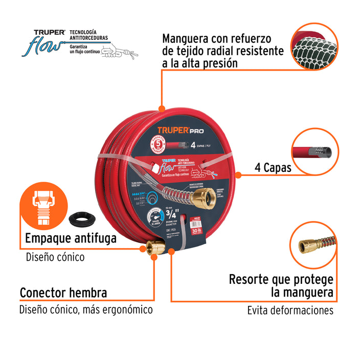 Manguera 3/4' super reforzada 4 capas conexiones metal 30m Código: 100149