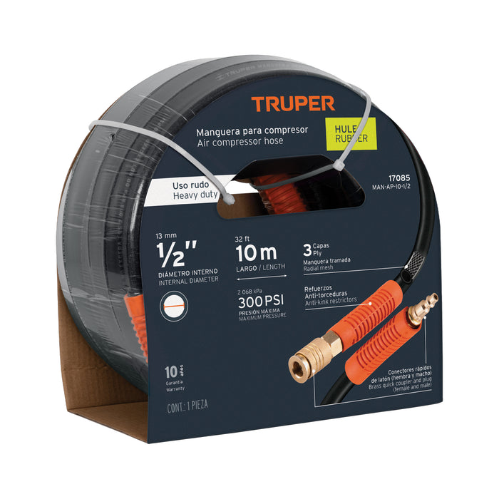 Manguera para compresor, de hule, 10m x 1/2', Truper Código: 17085