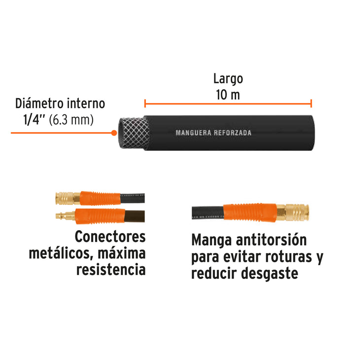 Manguera para compresor, de hule, 10m x 1/4', Truper Código: 17080