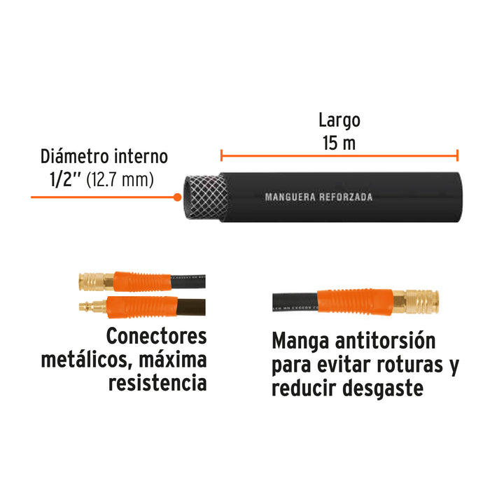 Manguera para compresor, de hule, 15m x 1/2', Truper Código: 17086
