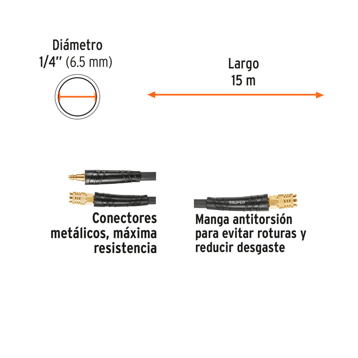 Manguera para compresor, híbrida, 15m x 1/4', Truper Código: 102472