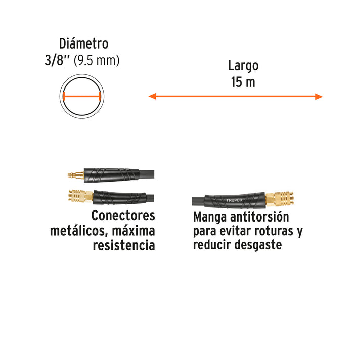 Manguera para compresor, híbrida, 15m x 3/8', Truper Código: 102473