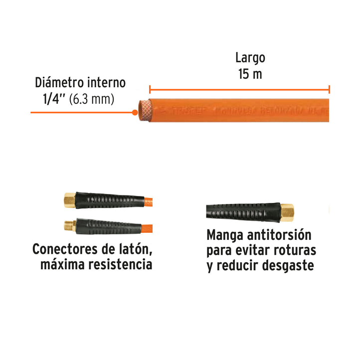 Manguera para compresor, de PVC, 15m x 1/4', Truper Código: 19015