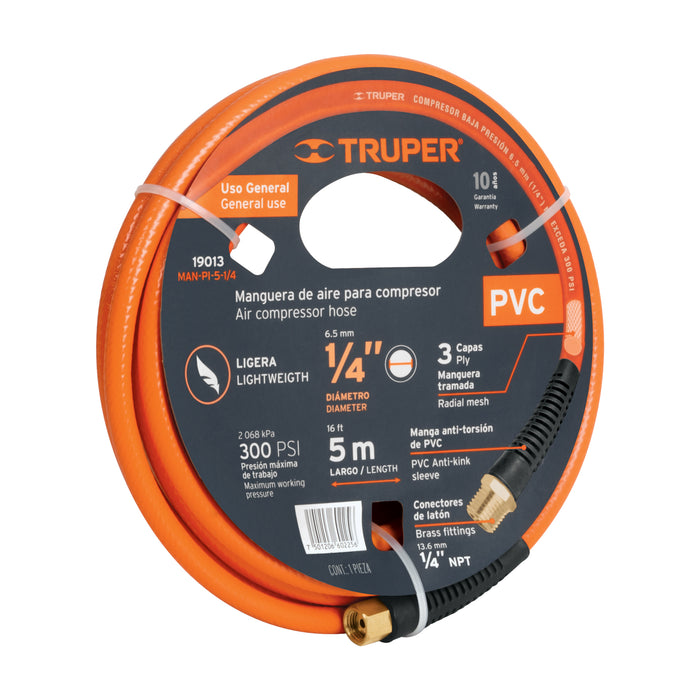 Manguera para compresor, de PVC, 5m x 1/4', Truper Código: 19013