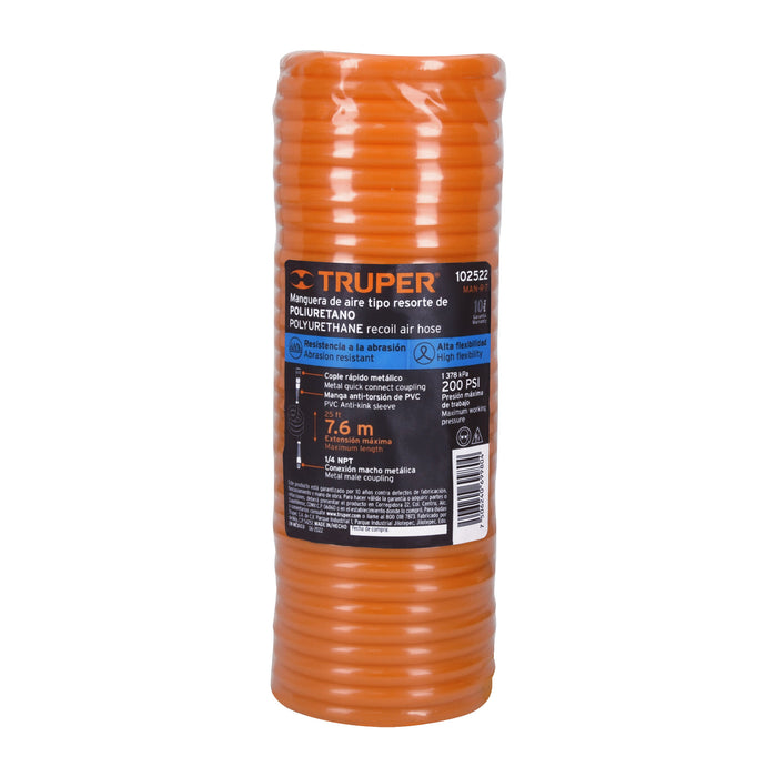 Manguera para compresor, tipo resorte, 7.6m x 1/4', Truper 102522 MAN-R-7