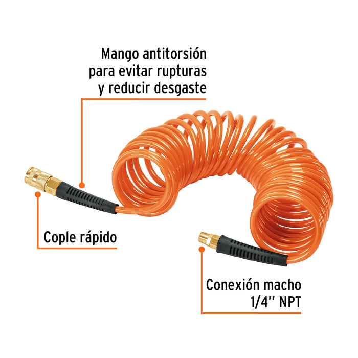 Manguera para compresor, tipo resorte, 7.6m x 1/4', Truper 102522 MAN-R-7