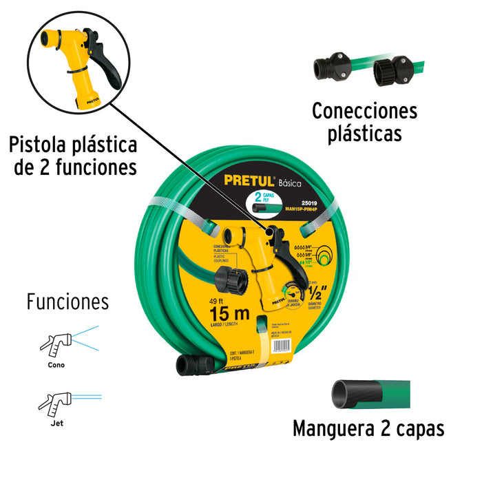 Combo manguera MAN-15X1/2P y pistola de riego PIM-4P, Pretul 25019 MAN15P-PIM4P