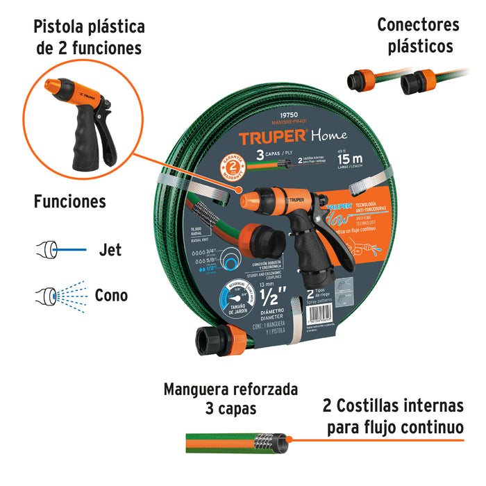 Combo manguera MAN-15X1/2RE y pistola de riego PR-401 19750 MAN15RE-PR401