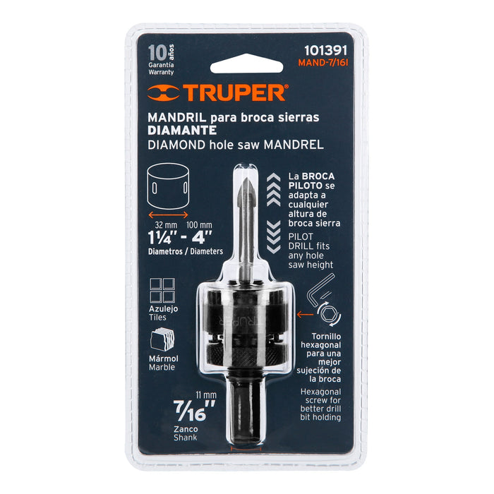 Mandril para brocasierra diamante con rosca 7/16', Truper Código: 101391