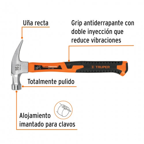 Martillo 16 oz uña recta, mango fibra de vidrio, Truper 19997 MAR-16F