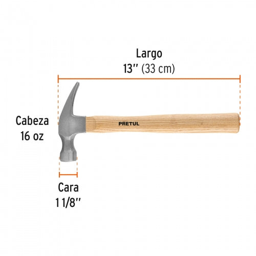 Martillo uña recta 16 oz, Pretul 25001 MAR-16P