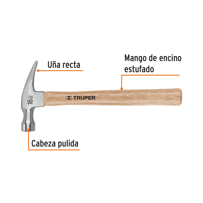 Martillo pulido 16 oz uña recta, mango madera, Truper Código: 16754