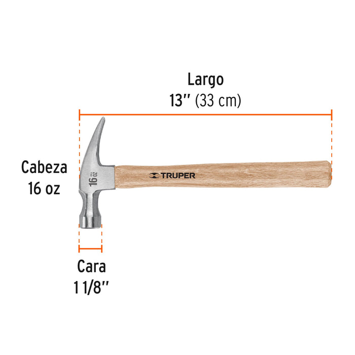 Martillo pulido 16 oz uña recta, mango madera, Truper Código: 16754