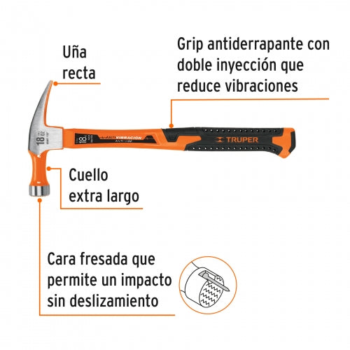 Martillo 18 oz uña recta, mango fibra de vidrio, Truper 10761 MAR-18F