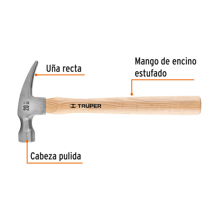 Martillo pulido 20 oz uña recta, mango madera, Truper Código: 16755