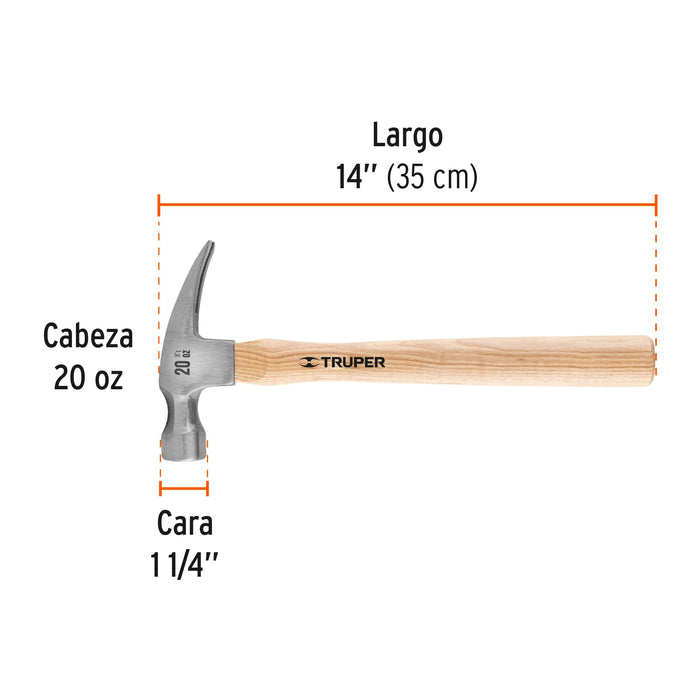 Martillo pulido 20 oz uña recta, mango madera, Truper Código: 16755