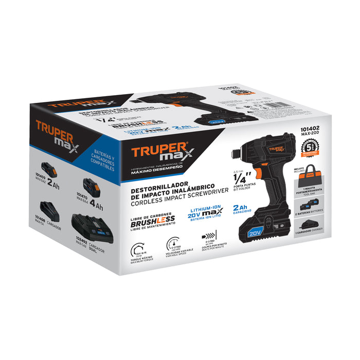Destornillador de impacto inalámbrico 1/4', 20V,sin carbones 101402 MAX-20D
