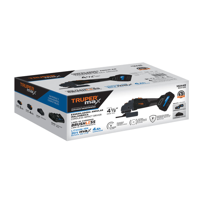 Esmeriladora angular inalámbrica 4-1/2', 20V, sin carbones 102449 MAX-20E