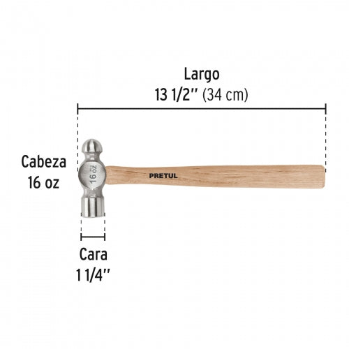 Martillo pulido de bola 16 oz mango madera, Pretul 22658 MB-16P