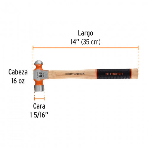 Martillo pulido de bola 16 oz mango hickory, Truper Grip 16902 MB-16