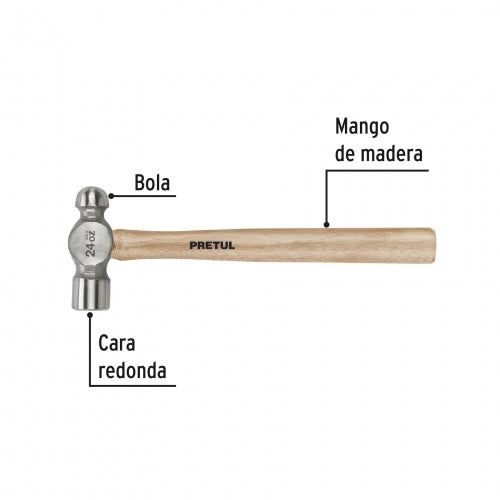 Martillo pulido de bola 24 oz mango madera, Pretul 22659 MB-24P