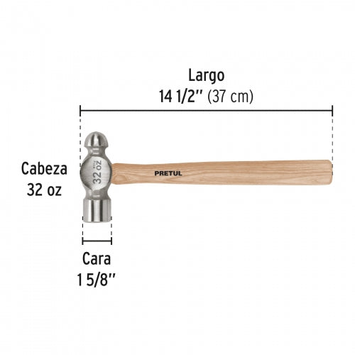 Martillo pulido de bola 32 oz mango madera, Pretul 22660 MB-32P