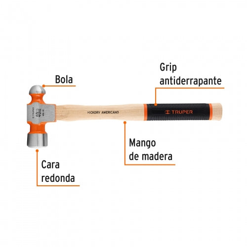Martillo pulido de bola 40 oz mango hickory, Truper Grip 16905 MB-40