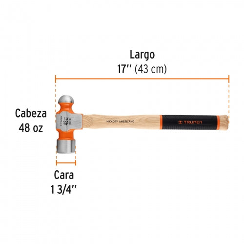 Martillo pulido de bola 48 oz mango hickory, Truper Grip 16906 MB-48