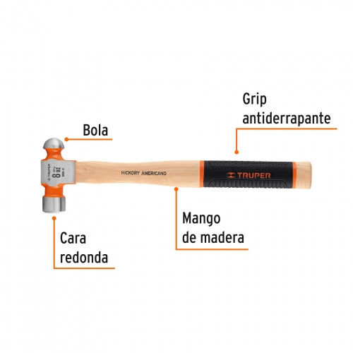 Martillo pulido de bola 8 oz mango hickory, Truper Grip 16900 MB-8