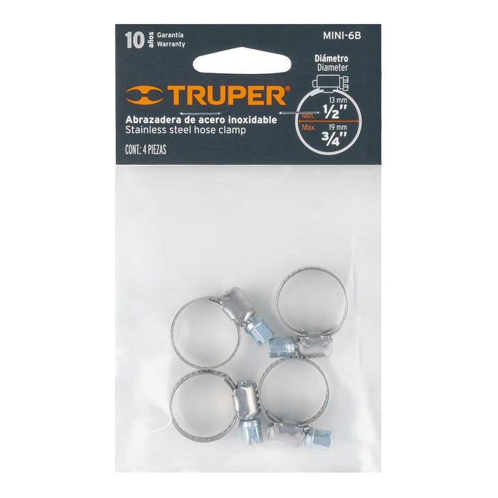 Bolsa c/4 mini abrazaderas sin fin # 6, 1/2 - 3/4', Truper 10031 MINI-6B