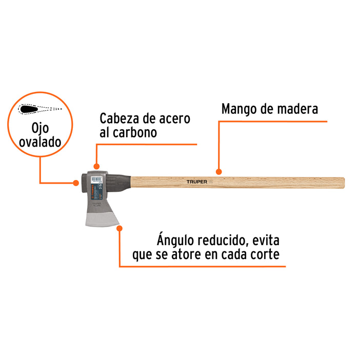 Hacha media labor 3 lb con mango de madera de 36', Truper 102982 ML-3MM