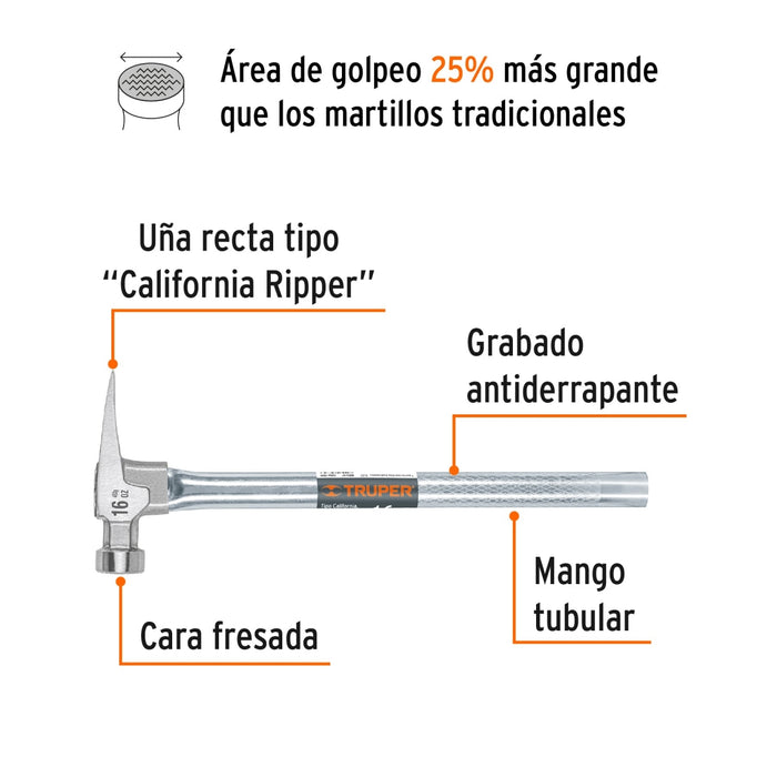 Martillo tubular 16 oz uña California Ripper, cara fresada 10643 MORCA-16T