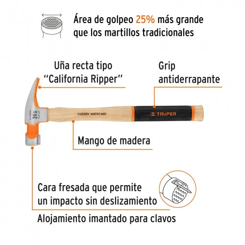 Martillo 16 oz uña recta tipo California Ripper, Truper Grip 19989 MORCA-16