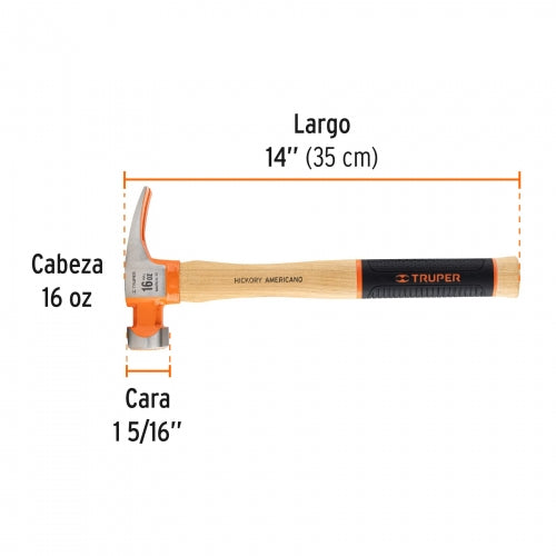 Martillo 16 oz uña recta tipo California Ripper, Truper Grip 19989 MORCA-16