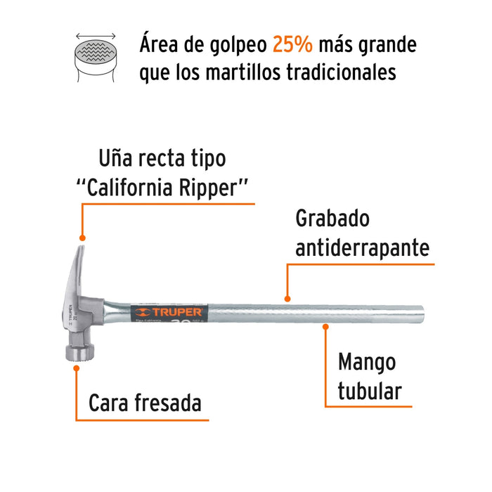 Martillo tubular 20 oz uña California Ripper, cara fresada 10644 MORCA-20T