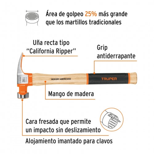 Martillo 20 oz uña recta tipo California Ripper, Truper Grip 19990 MORCA-20