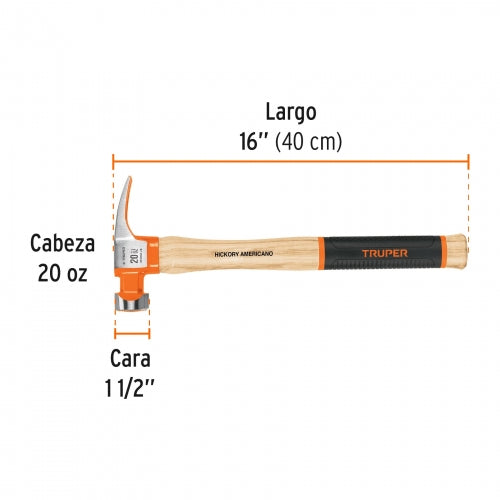 Martillo 20 oz uña recta tipo California Ripper, Truper Grip 19990 MORCA-20