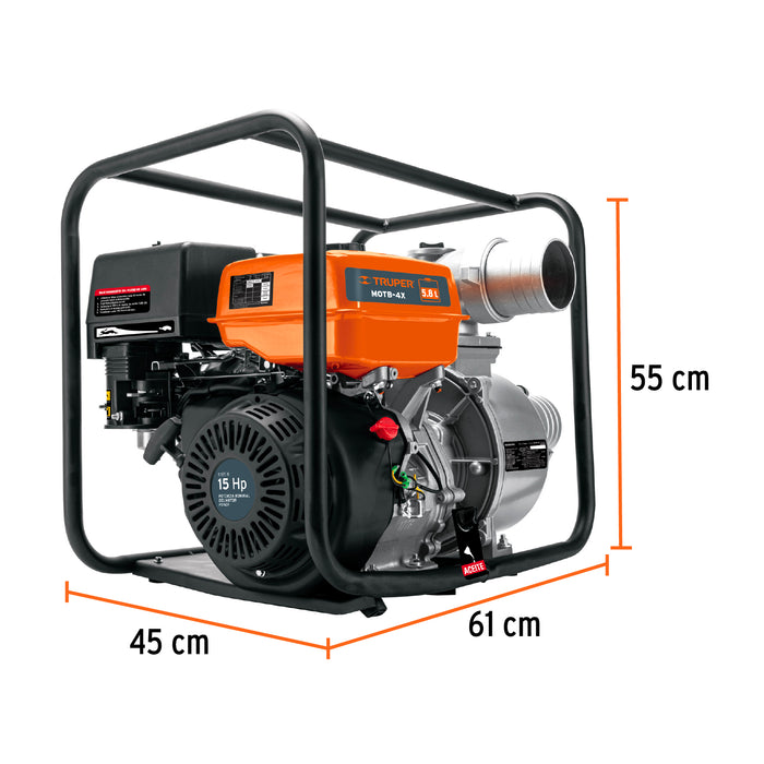 Motobomba autocebante 4' x 4' a gasolina 15 HP, Truper 102405 MOTB-4X
